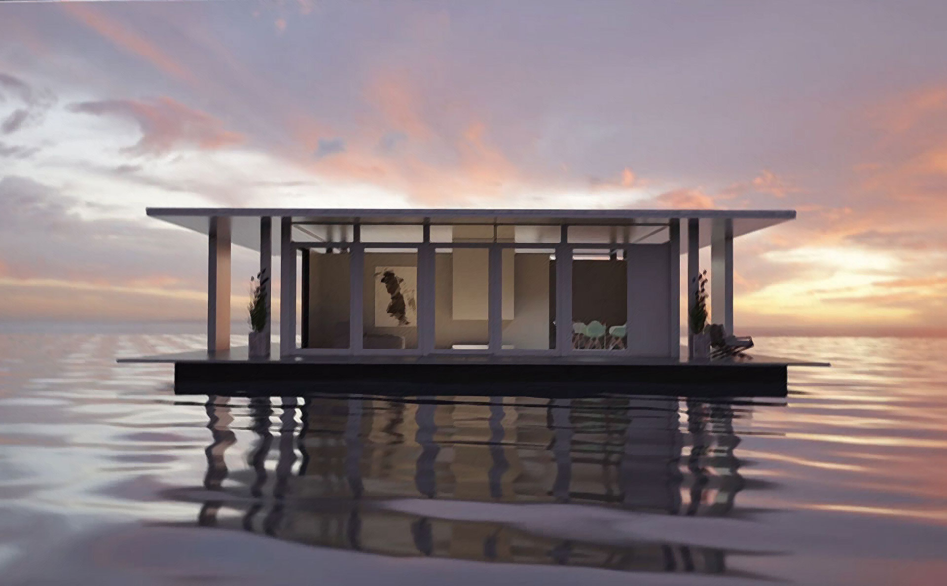3D Visualisierung, Luxus-Villa auf Wasser, Abendstimmung