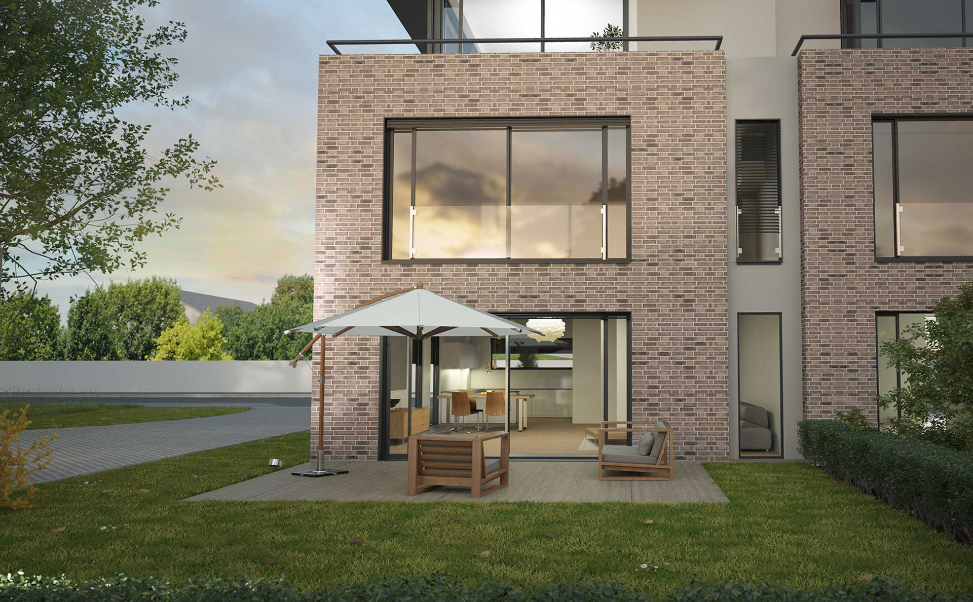3D Rendering moderne Architektur, Doppelhaus in Rodgau, Terrassenansicht